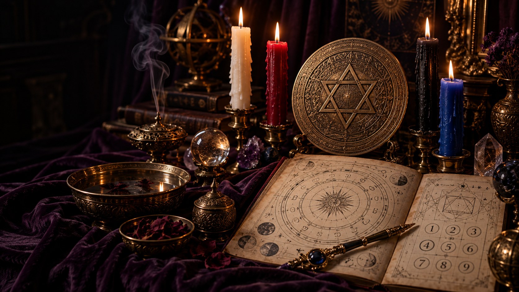 Illustrative candlelit ritual table with an astrological folio and brass geometry
